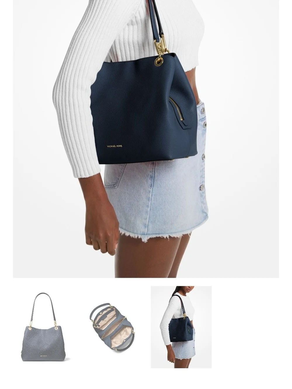 Michael Kors Navy Leather Shoulder Bag with Gold Hardware